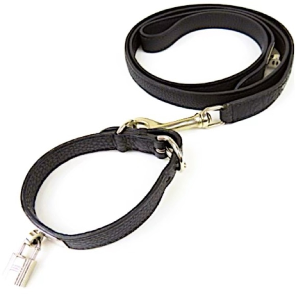 Authentic Hermès Black Kelly Cadena Dog Collar & Leash in Togo Leather